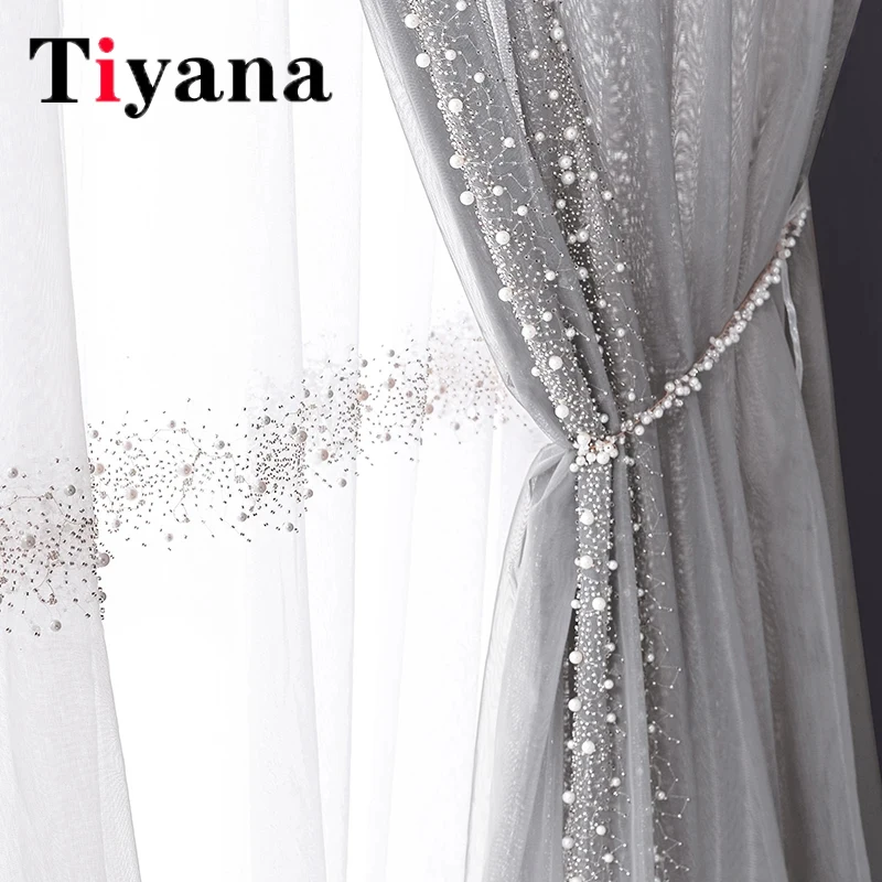 

French Luxury Grey Pearl Curtain Sheer Tulle Bedroom Embroidered Curtains For Living Room Balcony Door Window Beads Voile Drapes