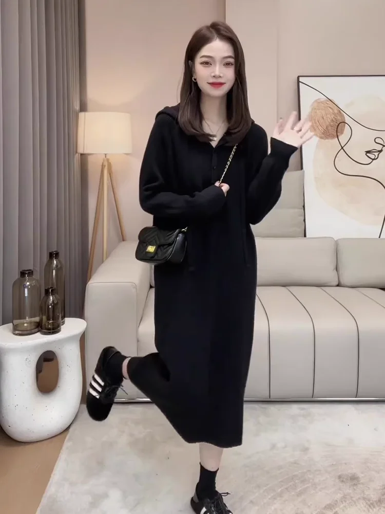 

Черное трикотажное платье с длинным рукавом и капюшоном на шнурке, женское, весенняя новинка, облегающее, базовый слой, длинная юбка, корейский стиль, для повседневной носки