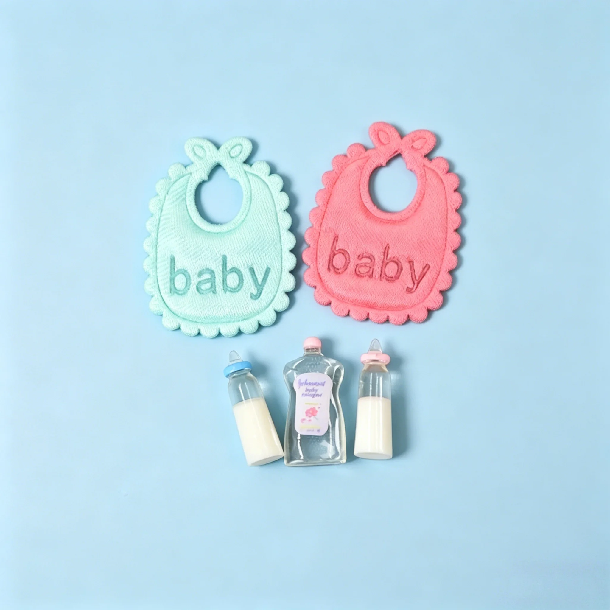 Mini botellas de champú para casa de muñecas a escala 1:12, juego de baberos, accesorios para guardería, regalo