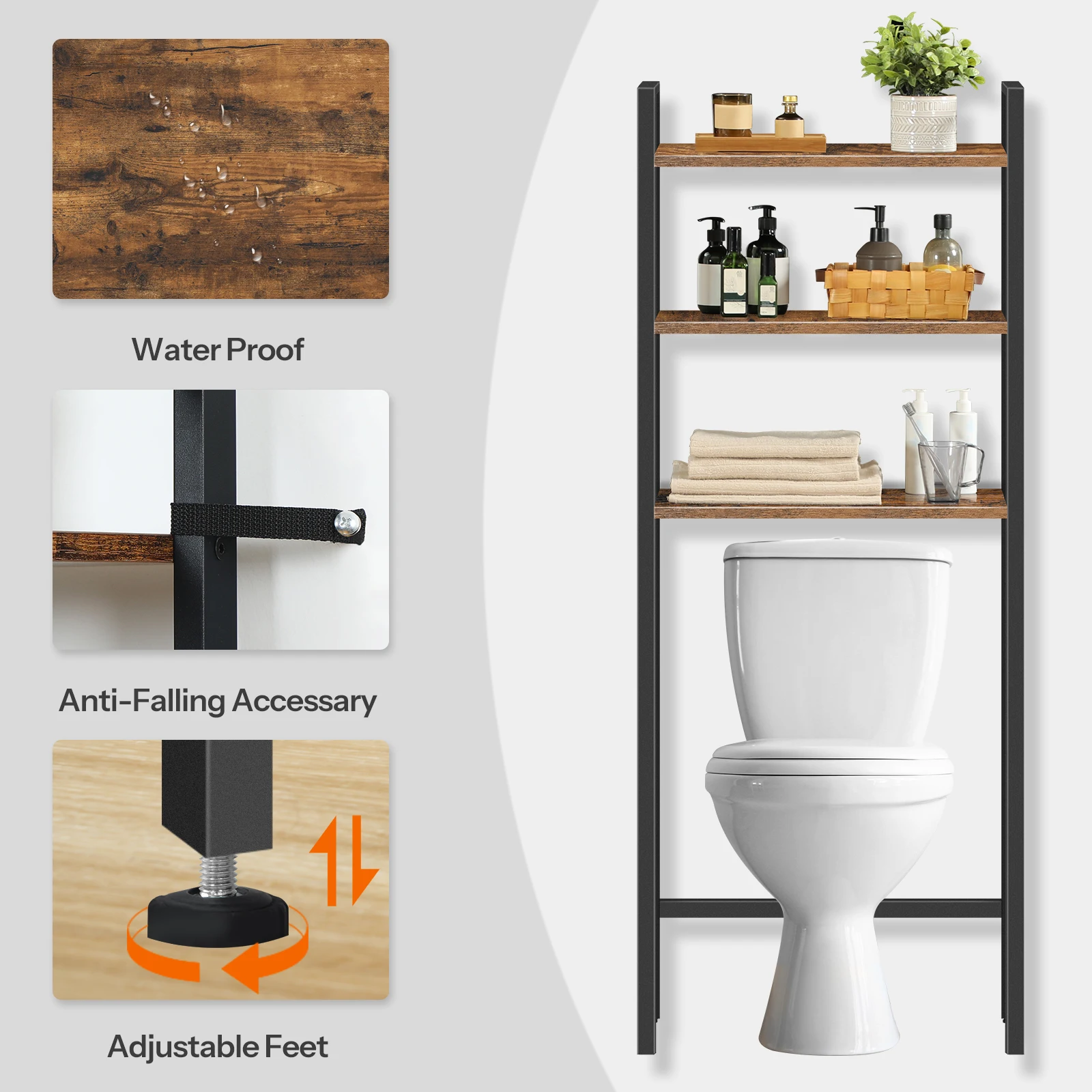 HOOBRO Over The Toilet Storage Rack 3-Tier Industrial Bathroom Organizer Toilet Shelves Space Saver with Multi-Functional Brown image 5