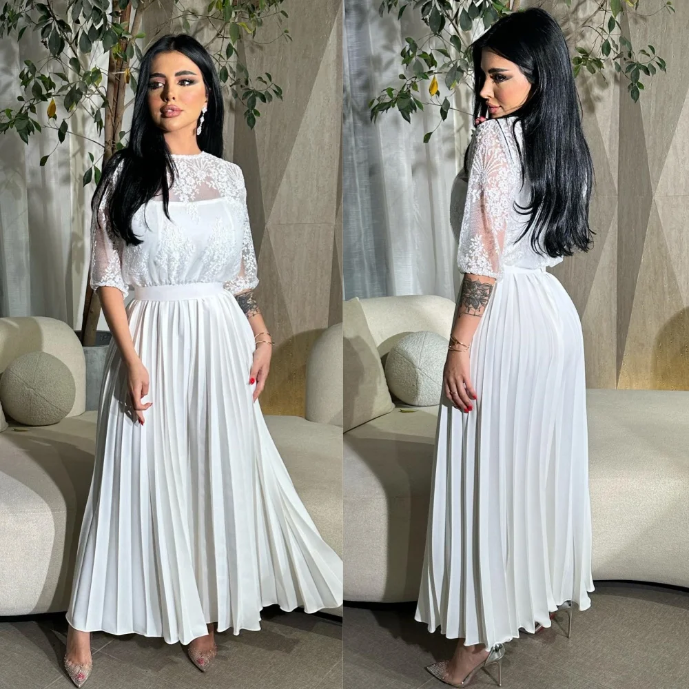 

Customized Exquisite Intricate Jersey Pleat Draped Flower A-line Scoop Neck Midi Dresses Evening Dresses High Quality Pastrol Cl