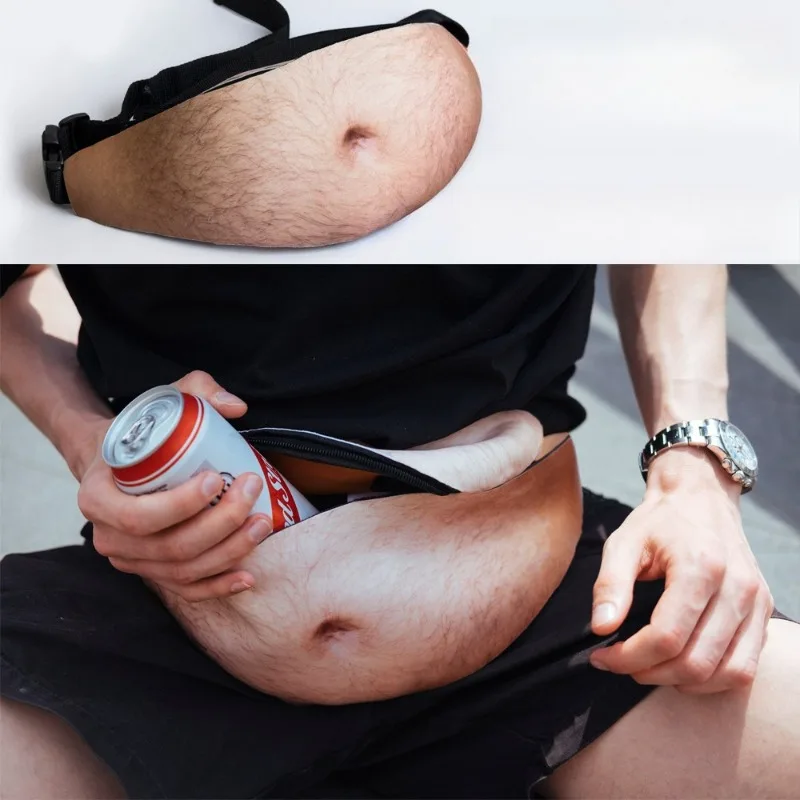 Funny Beer Belly Waist Bag Realistic Hairy Print Waist Bag Creative Simulation Fanny Pack for Party Prank Halloween Gag Gift