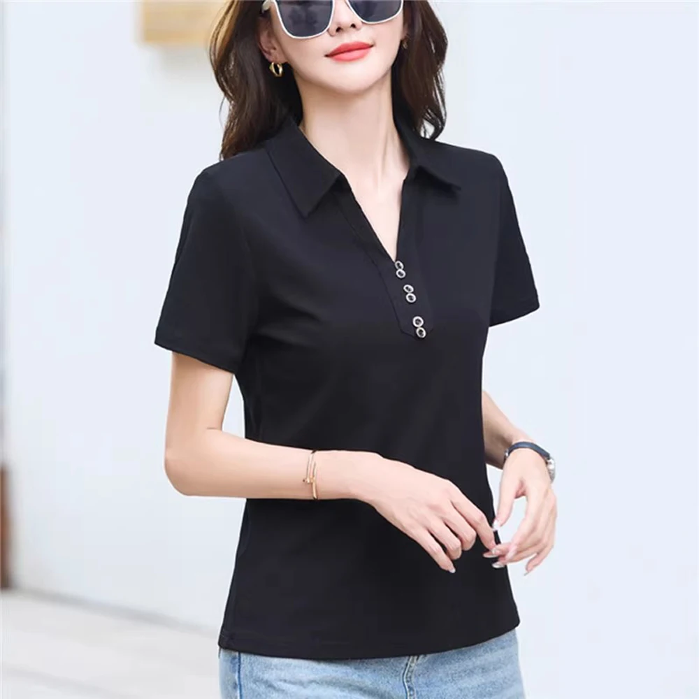 Estação europeia polo pescoço manga curta camiseta feminina verão novo high end luz luxo tamanho grande solto moda casual topo