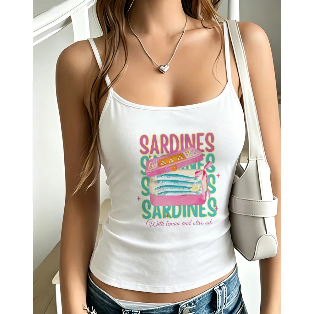 Sardines Print Camisole Summer Retro Canned Fish Graphic Tank Top Funny Slogan Sleeveless Vest Y2K Streetwear Crop Top Fashion