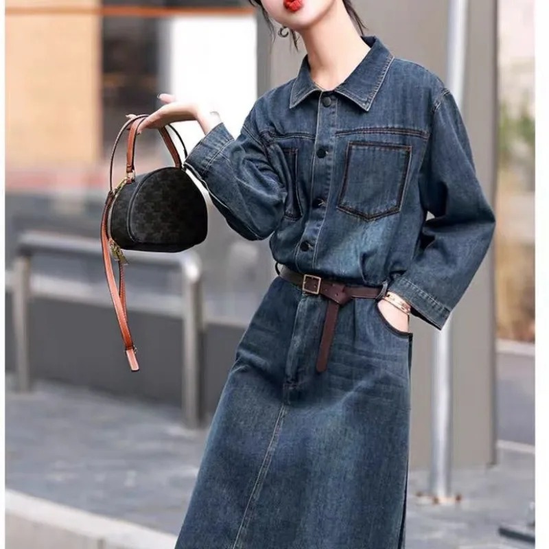 Denim jurk dames lente en herfst nieuw temperament hoog gevoel kleine mode buitenlandse stijl vroege lente shirt rok mooi