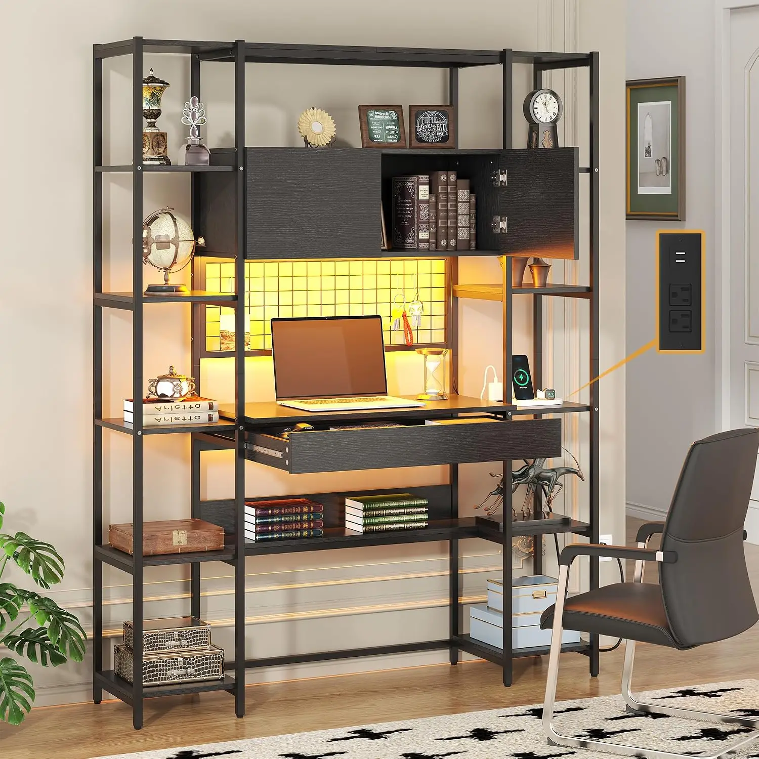 5-Tier Bookshelf with Desk RGB Lights Outlet 71" Tall Drawer Cabinet 12 Shelves Bookcase 2 Doors, Customized