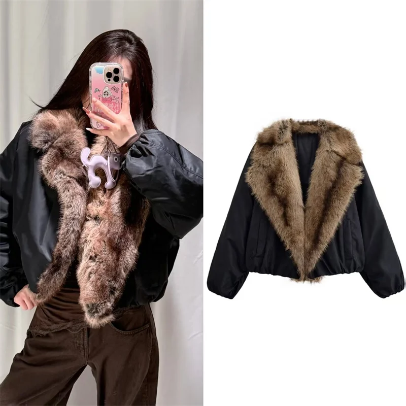 

Autumn Winter New Women Jacket Black Long Sleeve Fur Collar Décor Loose Simple Coat Casual Female Fashion Versatile Jackets