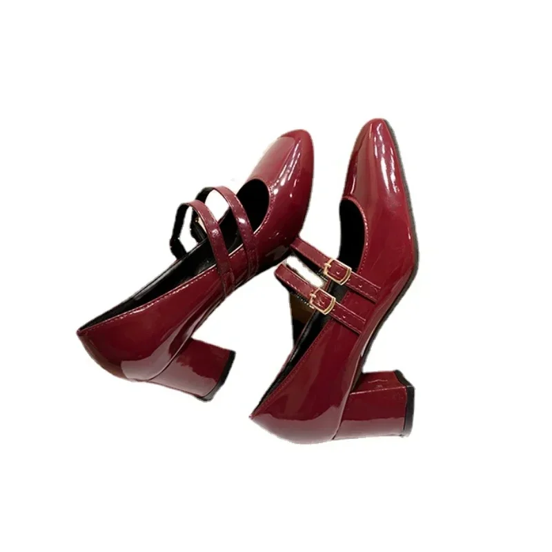 2024 Spring Autumn Women Double Buckle Mary Janes  Patent Leather Dress Shoes High Heels Pumps Retro Ladies Shoe Black Red