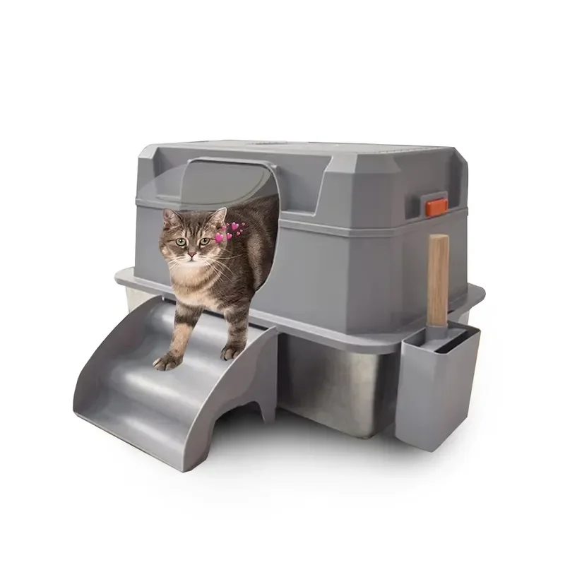 High Sided Anti-Splashing Cat Box with Easy Cleaning Foot-Board Scoop Stainless Steel 20L Inner Space