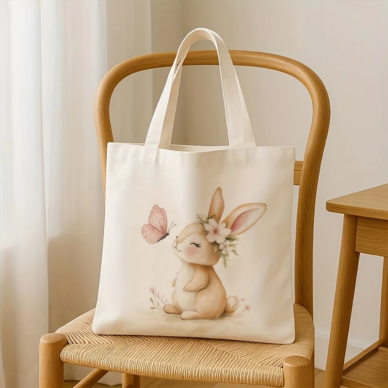 Newest Shoulder Watercolor Flower Bunny Butterfly Print Canvas Tote Bag Cute Girls Soft Shoulder Bag