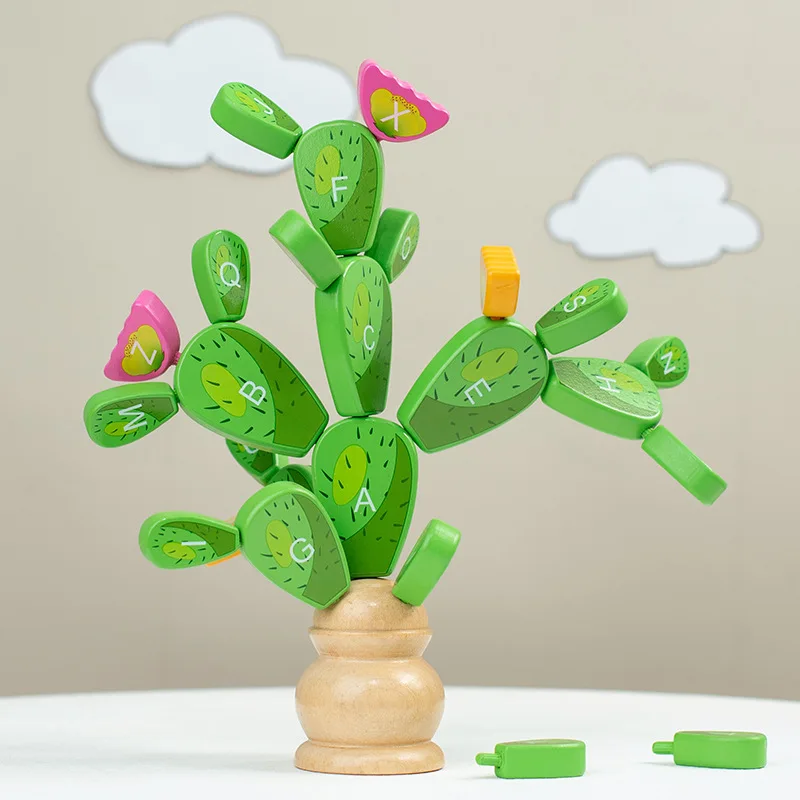 Montessori Cactus Letter Blocks para crianças, jogo sensorial, treinamento motor fino, bloco de construção de madeira, brinquedos educativos