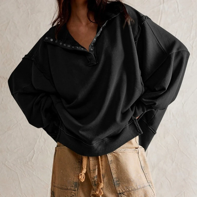 

2025 Popular Design Sense Women's High-quality Lantern Sleeves Decorative Lines Split Lapel Loose Sweater