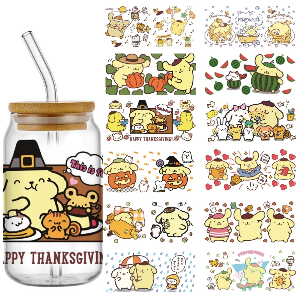 Miniso  Pom Pom Purin pattern Wrap Stickers Waterproof UV DTF Cup Mug Wraps Sticker DIY 3D Wrap Decal for 16oz Libbey Glass