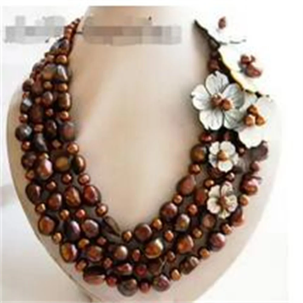 4 Strands 18 ''13mm Putih Putaran Mutiara Air Tawar Baroque Shell Bunga Necklac