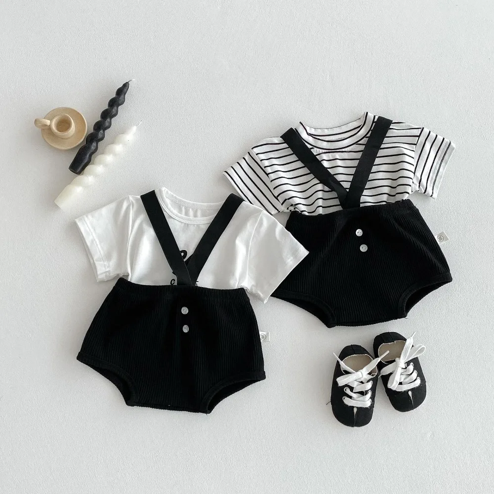 Cute Newborn Baby Clothes 0-2Years Casual Infant Boy Girl Short Sleeve Cotton T-shirt Tops Suspender Bloomers Outfits Suit