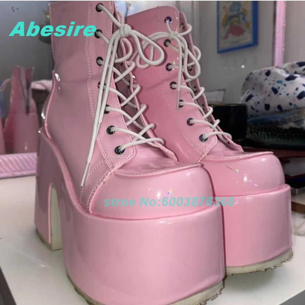 Pink Patent Leather Platform Ankle Boots Lace‑Up Hollow‑Out Cut‑Out Chunky Block Heel Women's Boots Side Zipper Sweet Punk Shoes