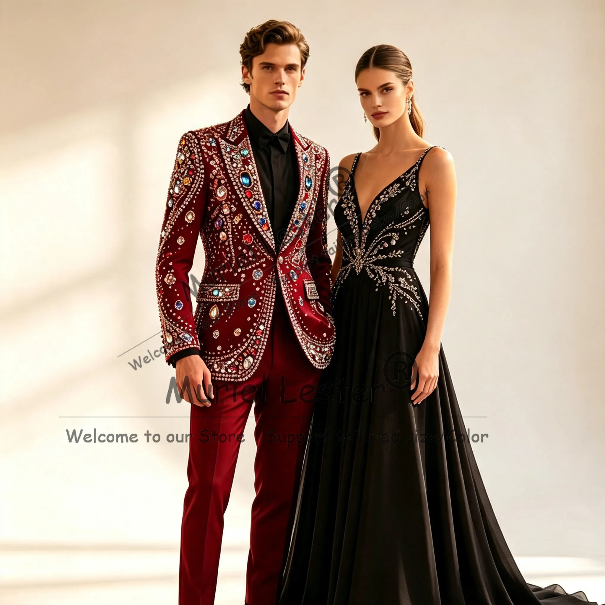 Exclusive Diamond Beaded Men's Suit For Wedding Single Breasted Jacket Pants 2 Piece Sets Groom Tuxedo Customized Male Clothing