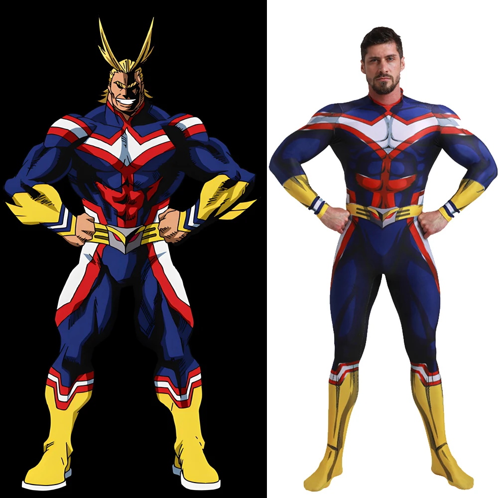

Аниме My Hero Academy Косплей Костюм All Might с 3D принтом из спандекса Зентаи Боди Косплей Костюм на Хэллоуин для взрослых и детей