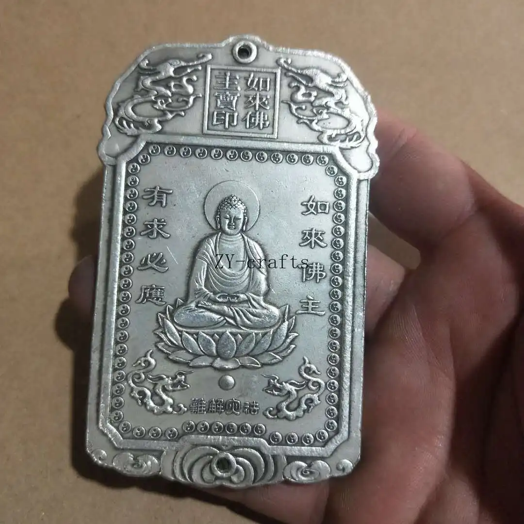 Old Chinese Buddhism Buddha Tibet Silver Thanka Amulet Metal Plate