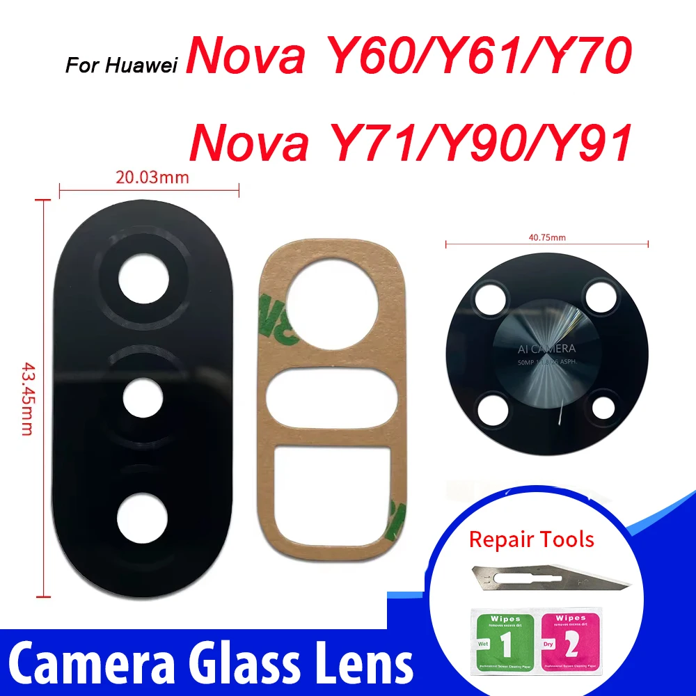 10Pcs Back Rear Camera Lens Glass For Huawei Nova Y60 Y61 Y70 Plus Y70 Y71 Y90 Y91 Lens Glass with Pre-installed Adhesive Repair