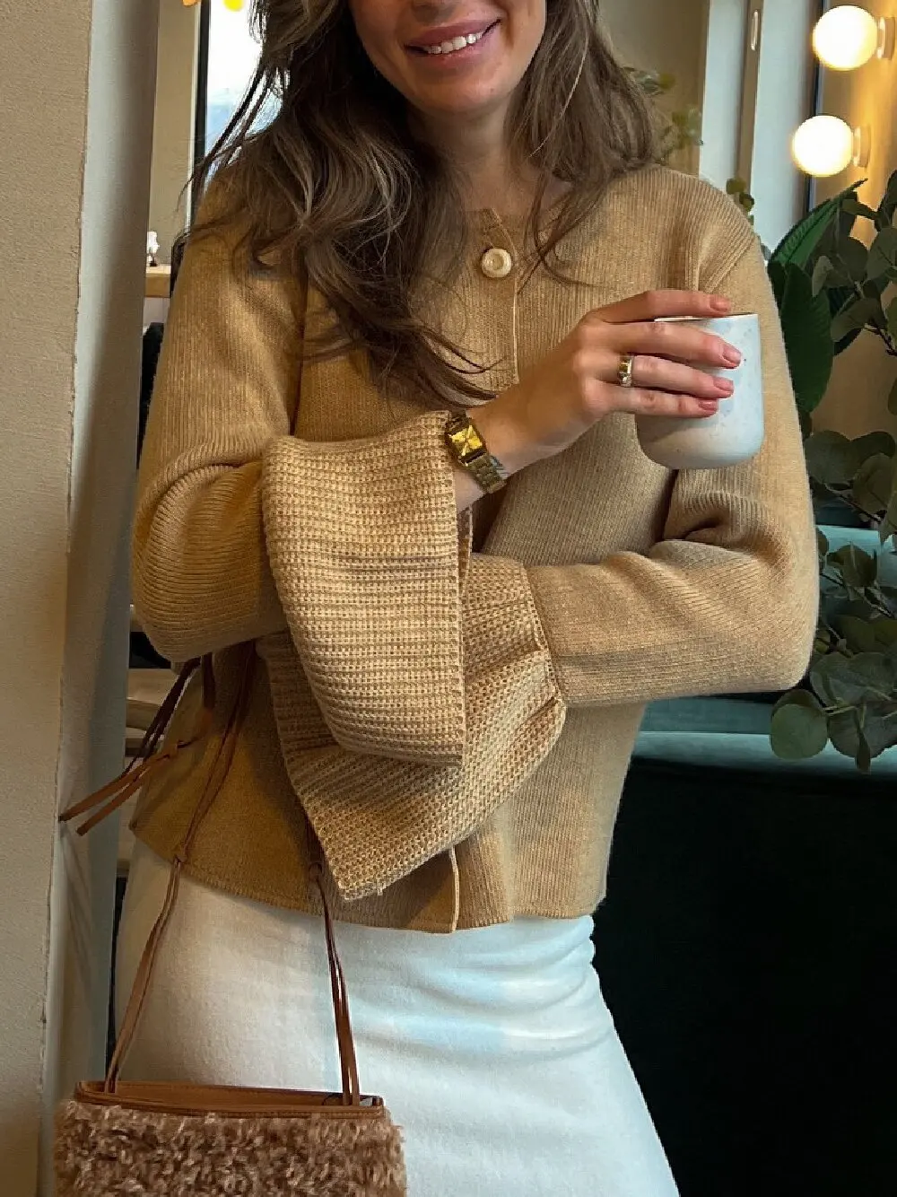 

Chic Flare Sleeve Women Cardigan Elegant Knitted O-neck Single Breasted Pockets Sweaters Female 2025 Autumn Lady Streetwears