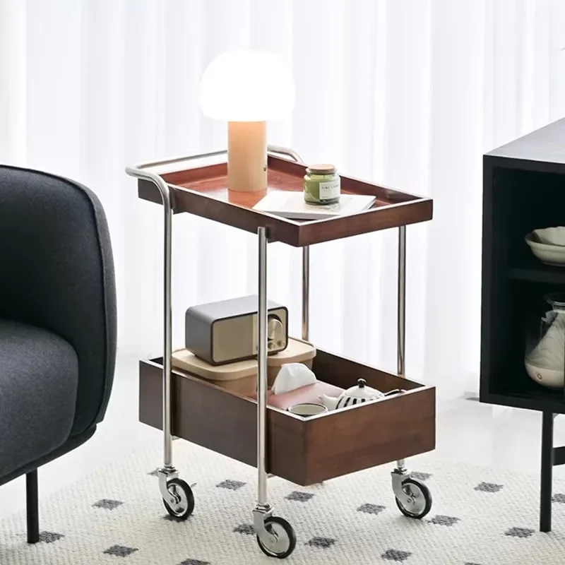 Simple solid wood coffee table trolley modern home living room sofa removable side cabinet rack