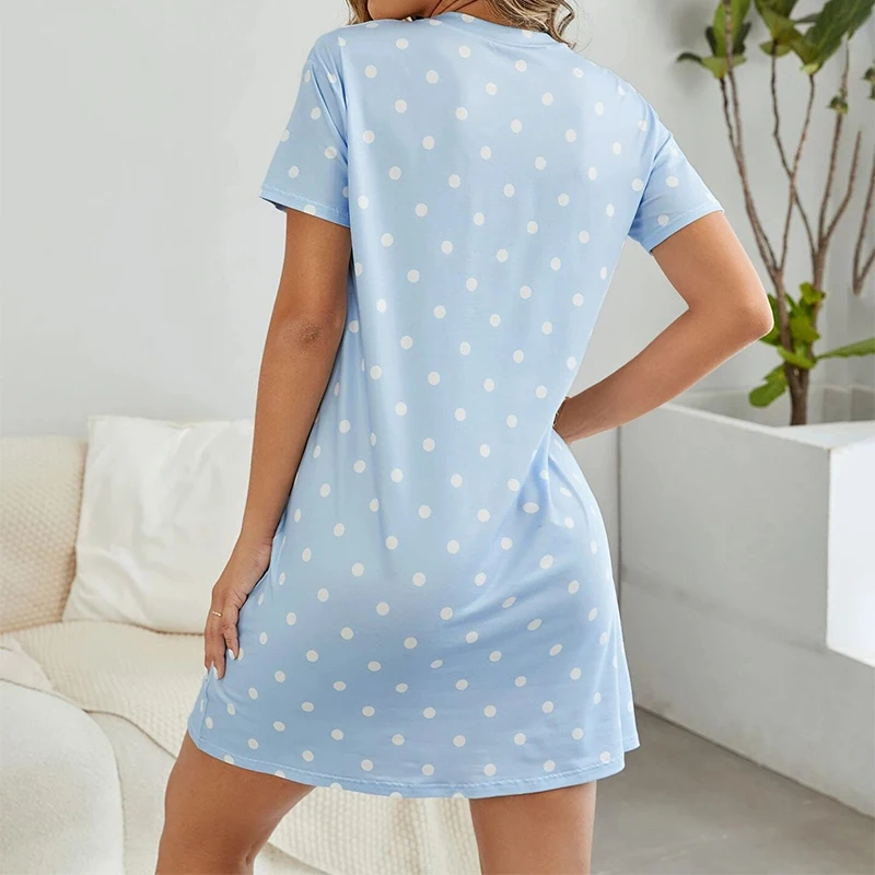 Women\'s Sleepwear Summer Polka Dot & Letter Print Nightgown Short Sleeve Round Neck Pajama Loose Nightdress Casual Home Clothing