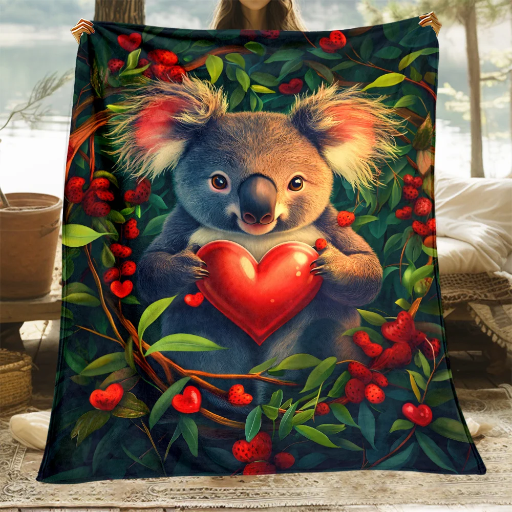 Koala Bear Holding Big Red Heart Forest Berry Blanket Soft Flannel Throw Valentine's Day Gift Cute Animal Design