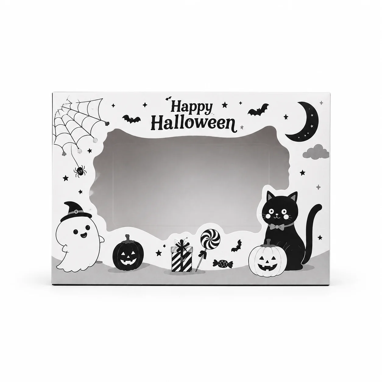 Custom Premium Halloween Paper Box with Transparent Window Printed Black and White for Candy Gift Packaging