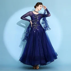 Waltz Ballroom Competition Dress Rhinestones Mesh Long Sleeves Standard Dance Performance Costume Stage Wear Evening Gowns