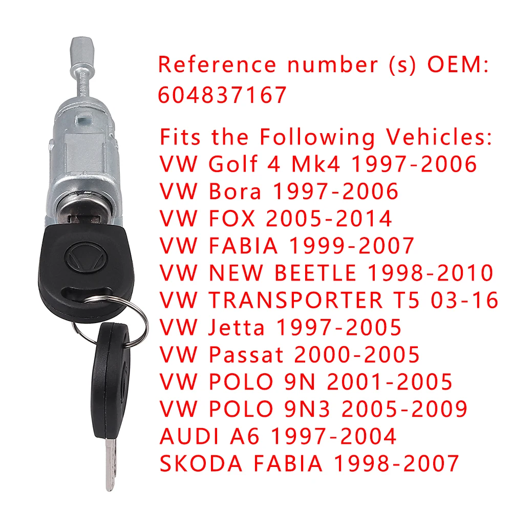 604837167 Door Lock For VW Golf 4 Mk4 IV Bora Jetta Passat Lupo Polo 9N Front Left  CYLINDER -with 2X Key