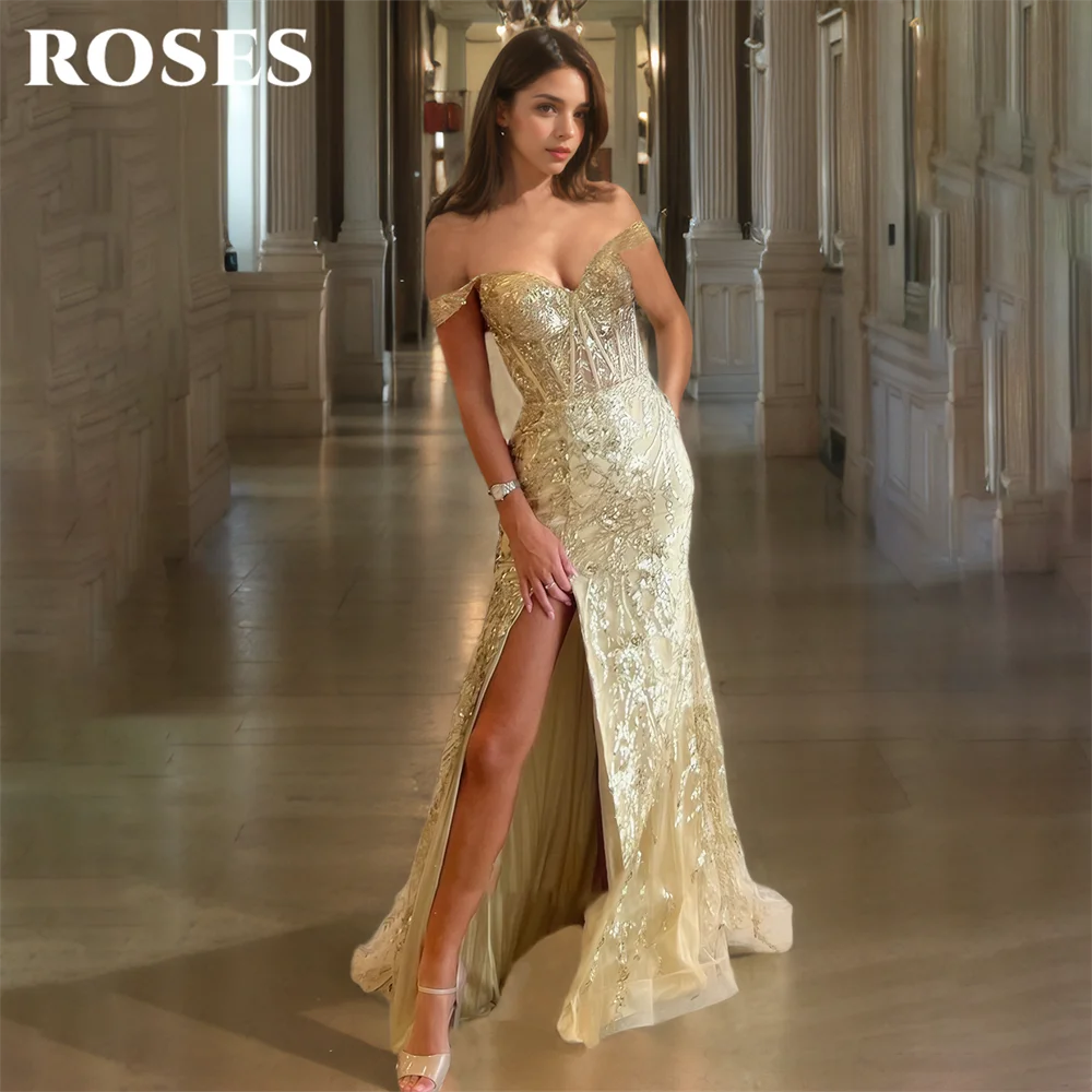 

ROSES Gold Off Shoulder Evening Dress Sequin Mermaid Party Dress High Thigh Slit Prom Gown Floor Length robes du soir Customized