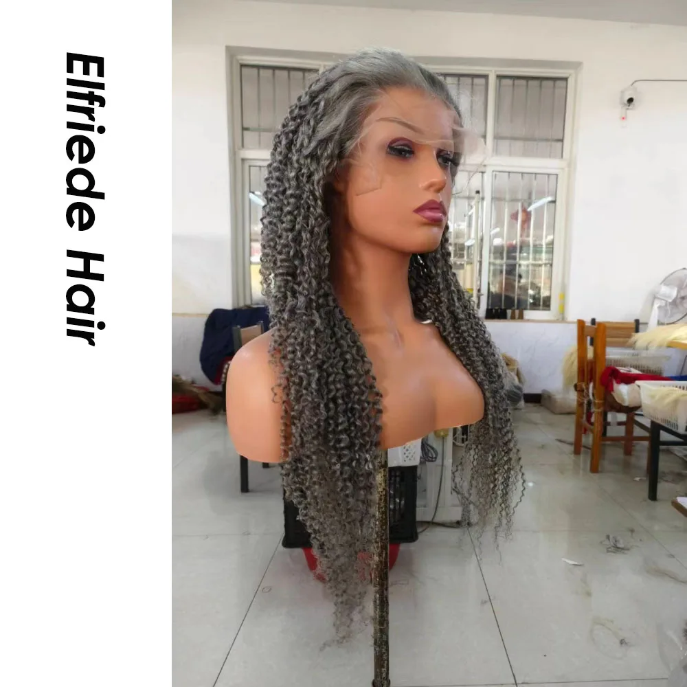 Perruque Lace Front Wig Remy crépue bouclée gris foncé-Elfriede, cheveux naturels, 4x4, 13x6, HD, 100% de densité