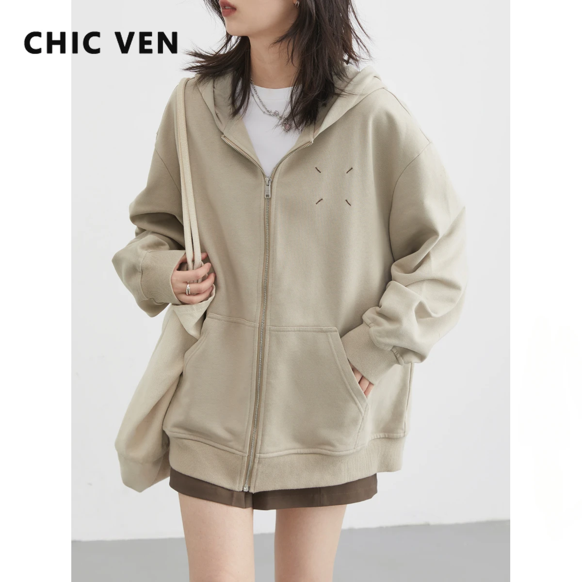 CHIC VEN Women Sweatshirts Loose New Street Casual Contrast Line Hoodie BF Style Female Cardigan Coat Autumn Sping 2023