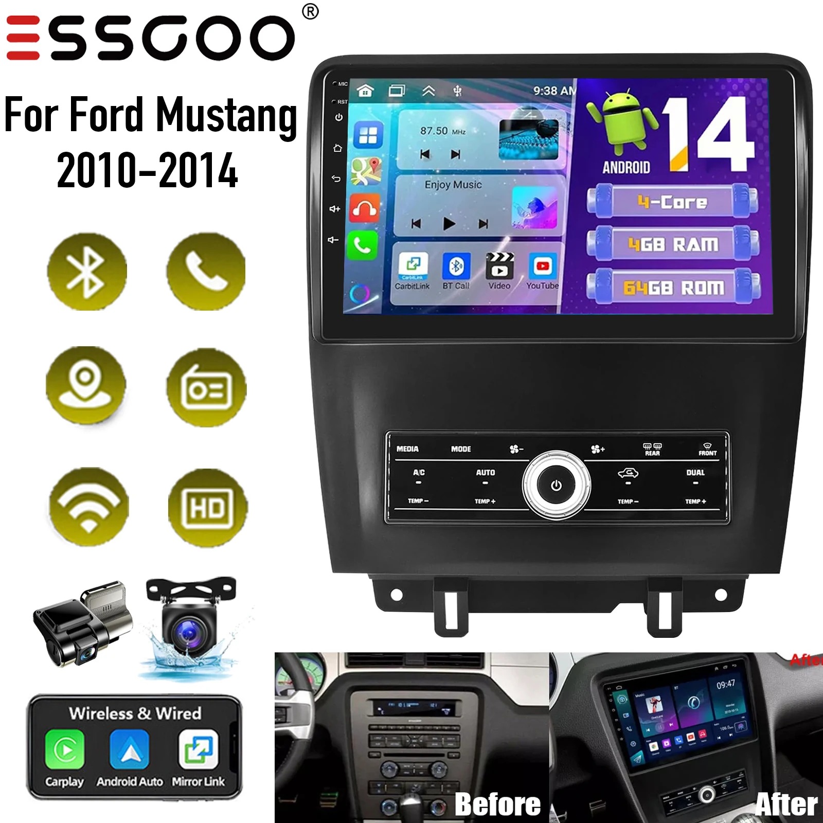 

4G + 64G для Ford Mustang 9 дюймов Android 14 2010-2014 гг. Автомобильная стереосистема Carplay GPS Navi WIFI Головное устройство Bluetooth FM/RDS SWC DVR и камера Радио
