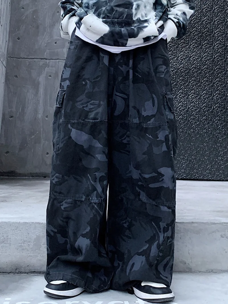 American Retro Camouflage Work Pants Men's Trendy Dstring Cuffed Wide Leg Straight Cut Casual Long Trousers