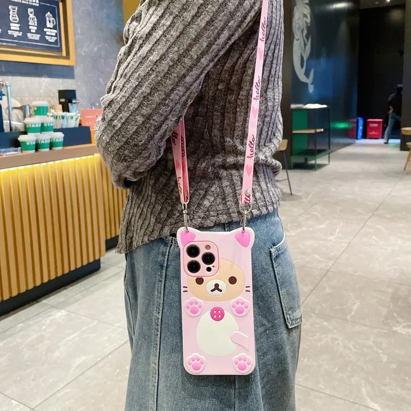 Étui de téléphone à lanière en corde avec motif ours Rilakkuma mignon pour Honor 200 300 400 500 600 Lite Pro X6A X7C X8A X9B X8B X8C X9A X7A X7B