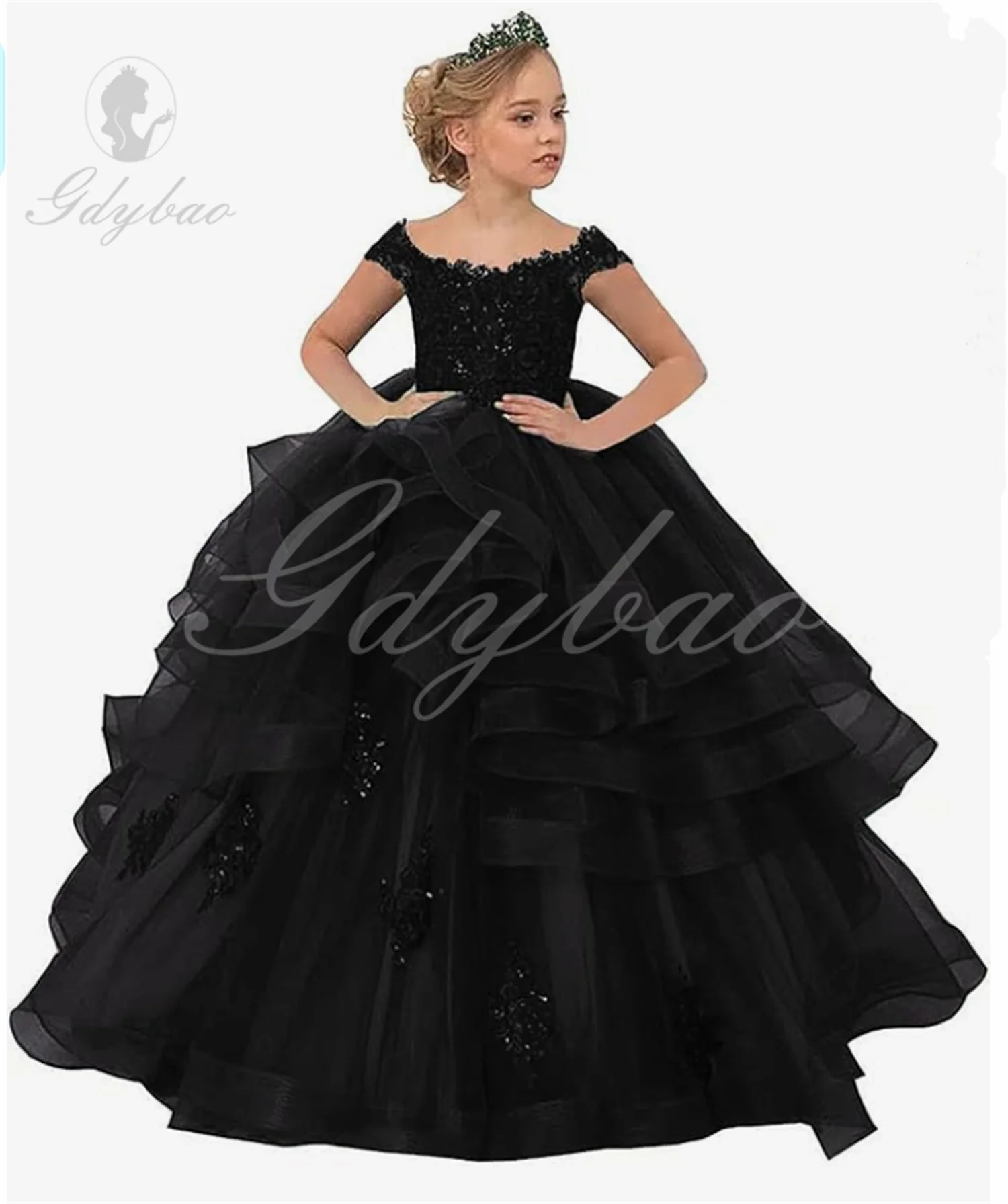 

Black Flower Girl Dresses Scoop Neck Appliqued Beaded Long Sleeves Pageant Gowns Ruffle Tiered Sweep Train Birthday