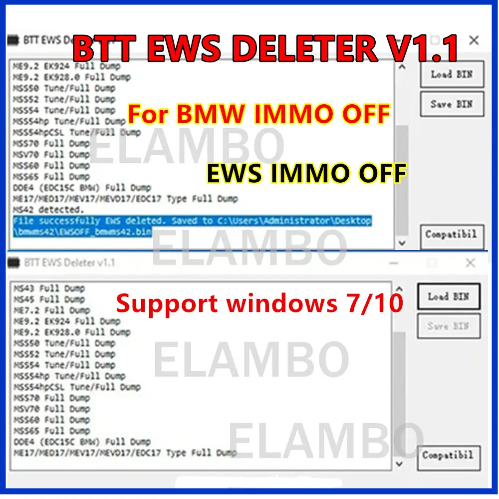 BTT EWS DELETER V1.1 for BMW IMMO OFF Support MS41 MS42 MS43 MS45 ME7.2 ME9.2 MSS54 ME17/MED17/MEV17/MEVD17/EDC17  ECU Dump File