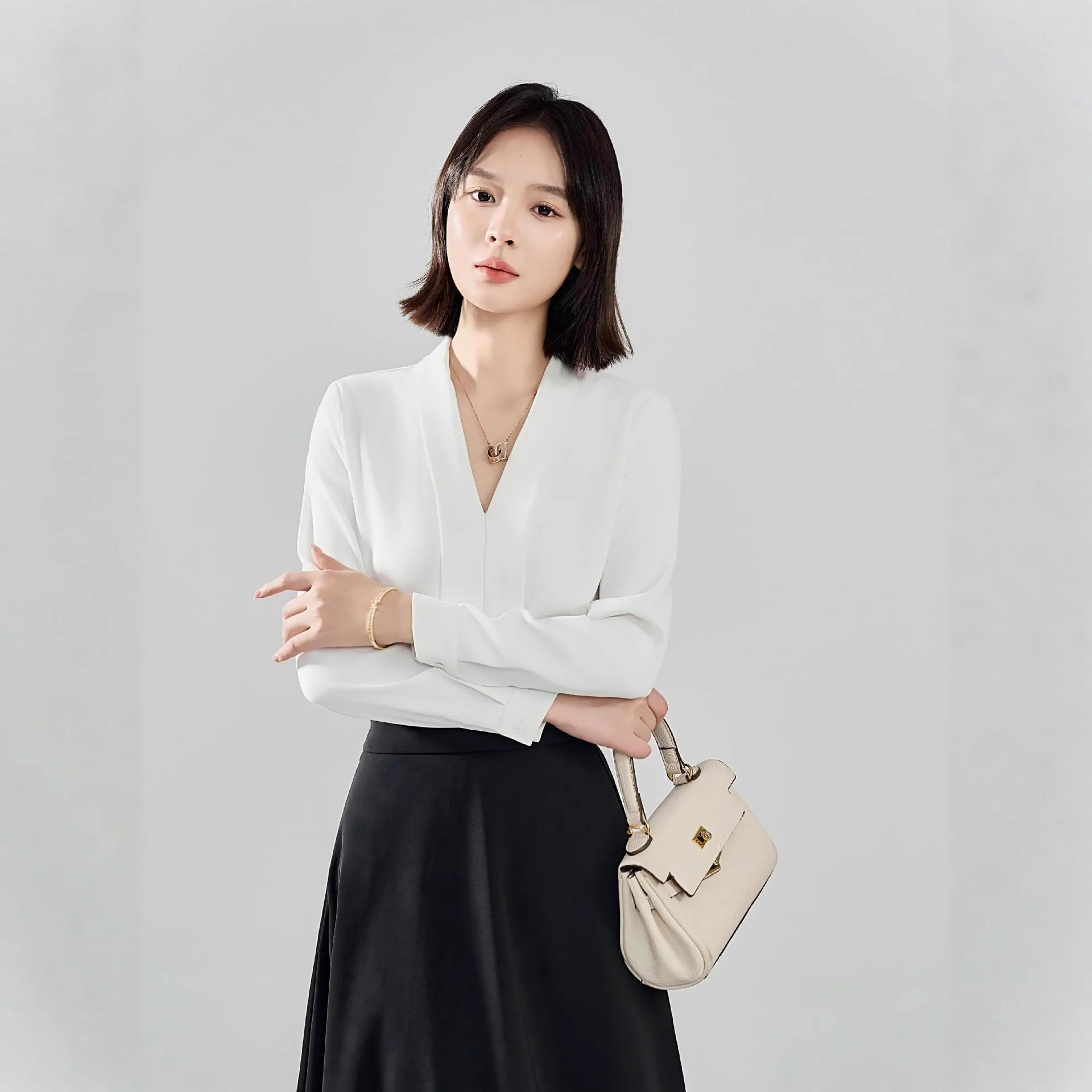 Women's Elegant V Neck Long Sleeve Blouse Office Work Chiffon Shirt Casual Loose Business Tops