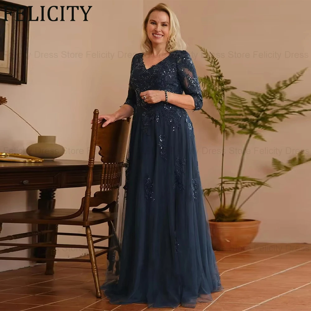 FELICITY Customized Luxury Plus Size Mother of the Bride Dress A-Line V-Neck Applique Sequins Wedding Guest Dress Evening Gownss