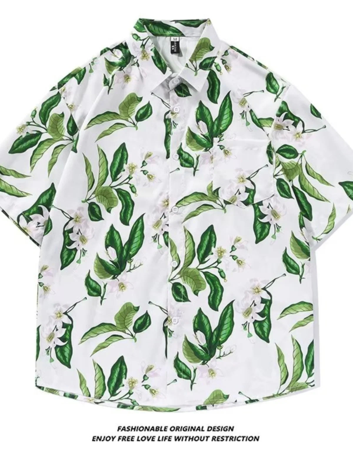 

Retro Hong Kong Style Summer Trendy Brand Print Short Sleeve Flower Shirt Men's Street Loose Couple Hawaii Style Versatile Shirt