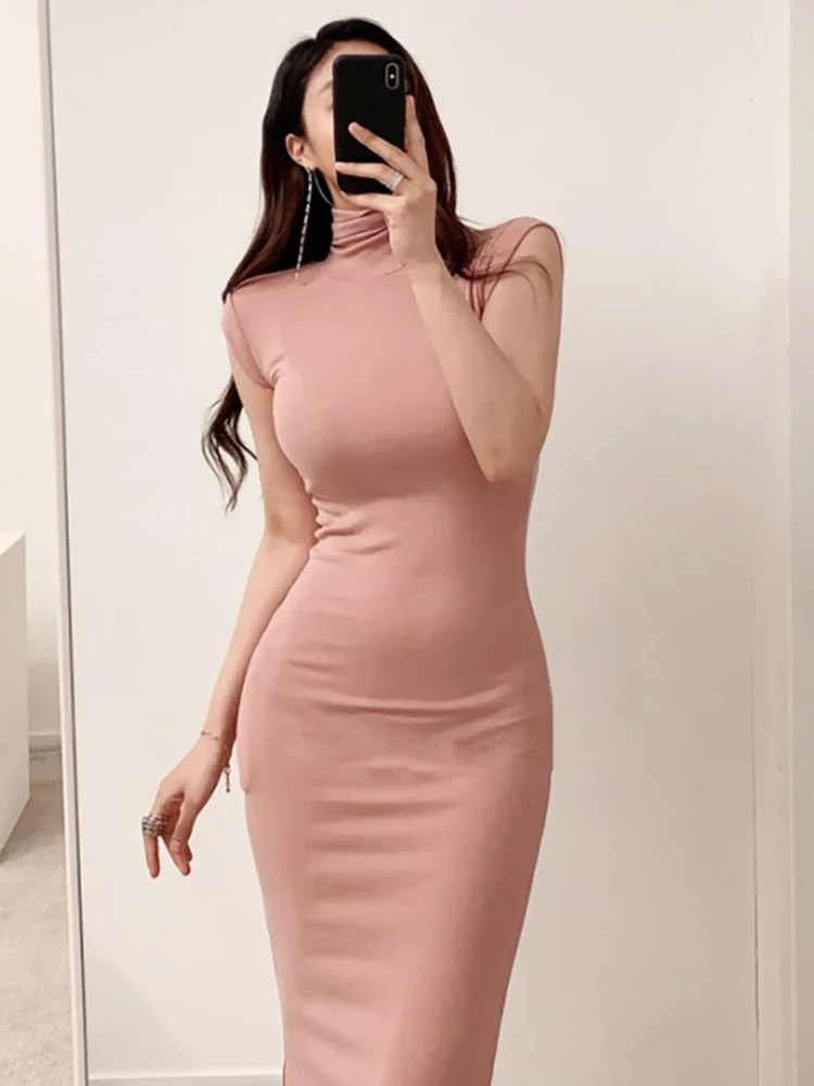 Kleider Für Frauen Bodycon Schlank Rollkragen Korean Stil Schwarz Kurzarm Party Midi Kleid Weibliche Frühling Herbst Vestido Feminino