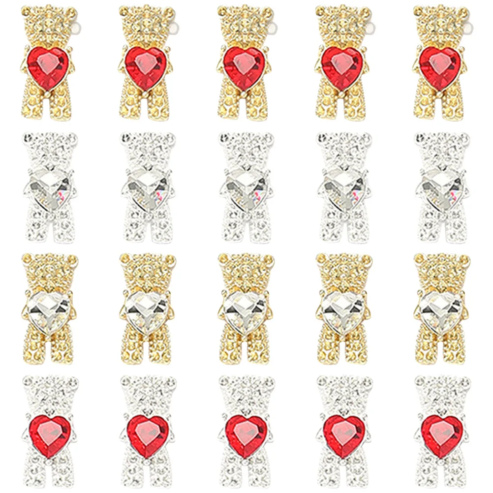 20 Stück glänzende Bären-Nageldekoration, 3D-Metall-Strasssteine für kreatives DIY-Maniküre-Design, modisches Nagelkunst-Zubehör