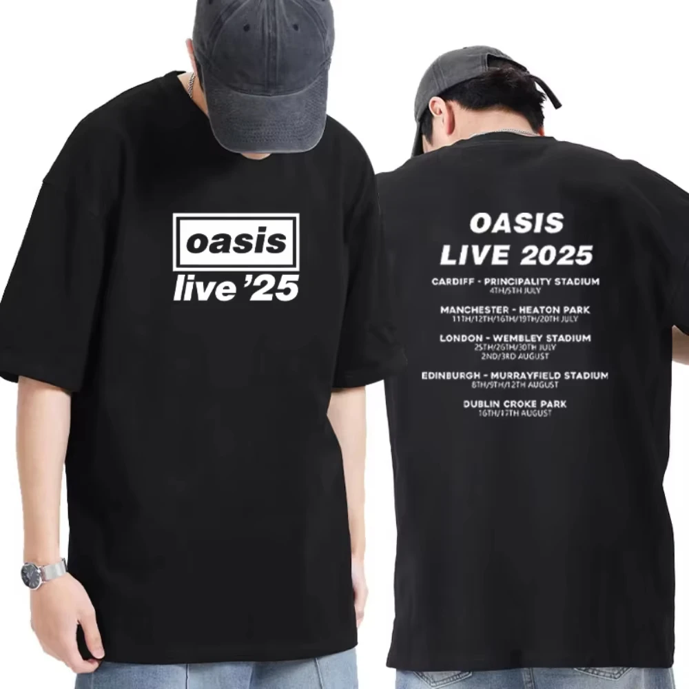 OASIS Live 25 Tour 2025 Gedenk-T-Shirt, O-Ausschnitt, Baumwolle, bedruckt, kurzärmelig, T-Shirts für Herren und Damen, Streetwear, coole Unisex-Oberteile