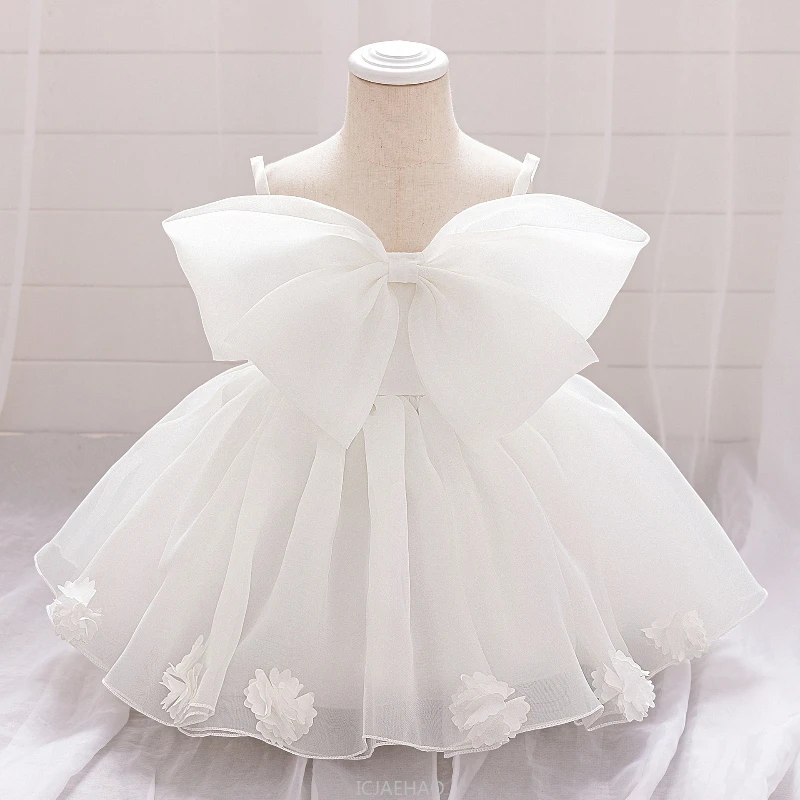 2025 Girls White Applique Princess Dress 1st Birthday Party Tutu Gown Flower Girl European Pageant Outfit Matching Performance