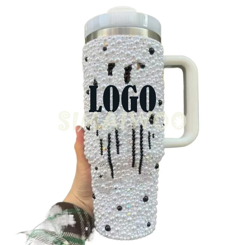 

Logo Custmizable Tumbler DIY Rhinestone Ice Drink Bottle Double Layer Vacuum Thermal Insulation Handle Cup Pearl Bead Bling Gift