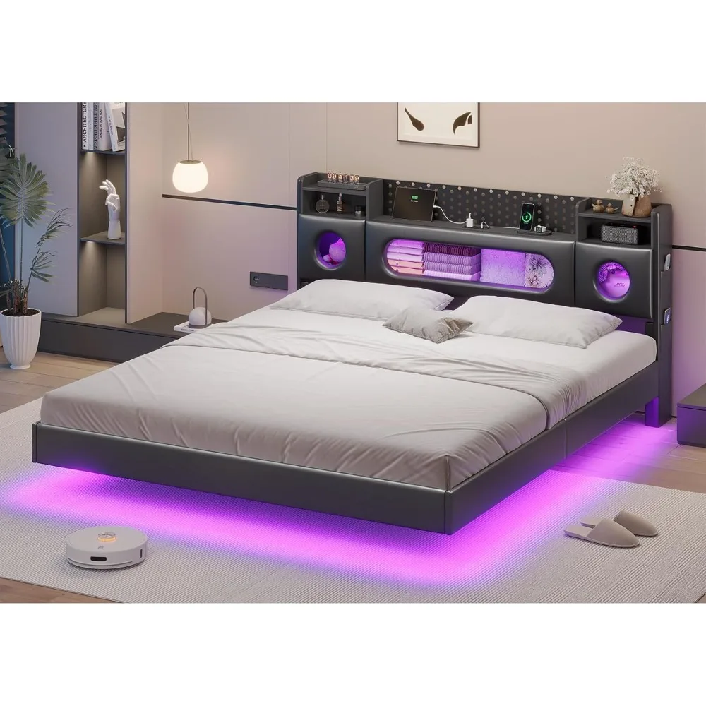 California King Bed Frame,Floating Bed Frame with Headboard, Upholstered California King Bed with Storage, LED Lights and Chargi
