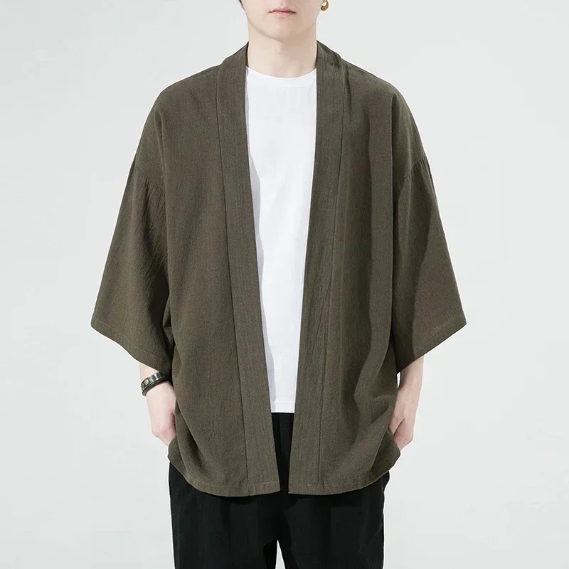 Solid Linen Kimono Japanese Kimonos for Men Vintage Clothes Cardigan Man Men\'s Japan Clothing Shirt 5XL 2023 Summer