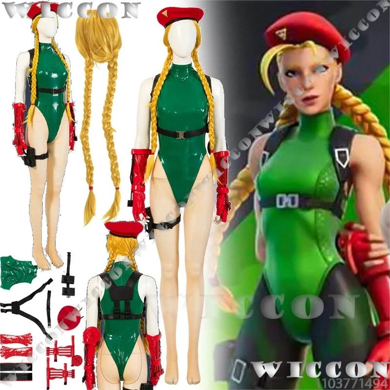 Cammy สีขาว Killer Bee เกมคอสเพลย์เครื่องแต่งกายสีเขียว Jumpsuit สีบลอนด์ Braid วิกผมเซ็กซี่ร้อนผู้หญิงชุด Halloween Roleplay ที่กําหนดเอง